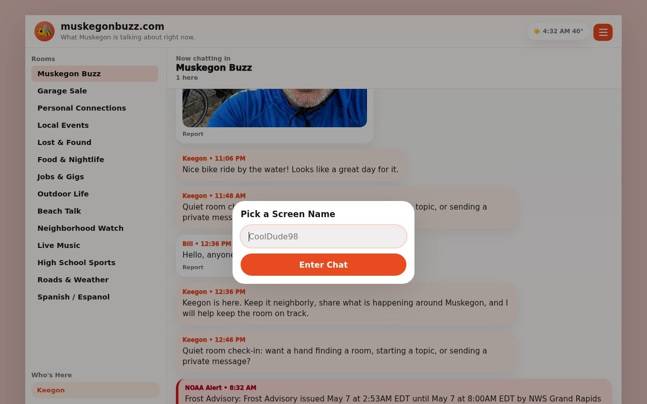 Screenshot of the MuskegonBuzz.com chat interface